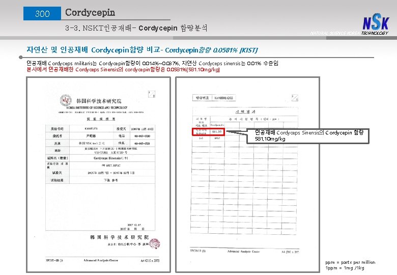 300 Cordycepin 3 -3. NSKT인공재배- Cordycepin 함량분석 NATURAL SCIENCE KOREA TECHNOLOGY 자연산 및 인공재배