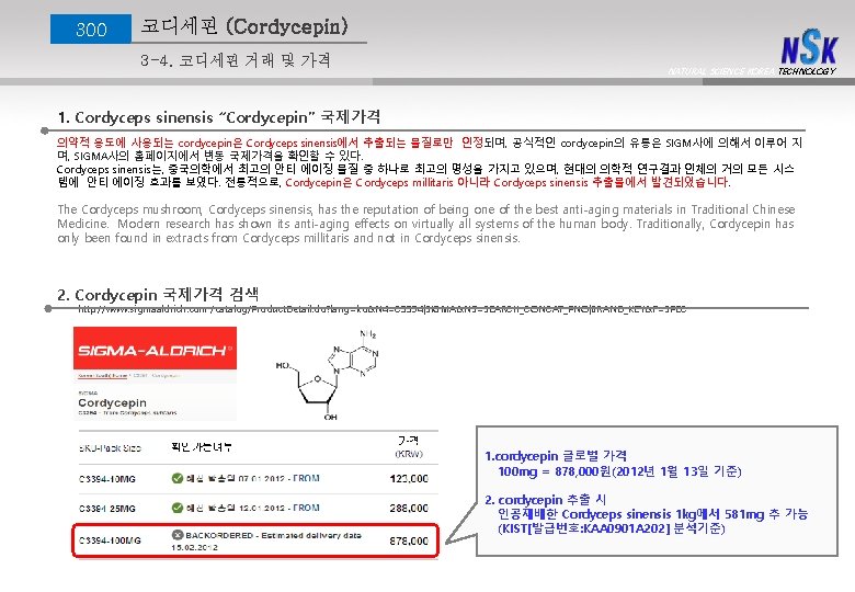 300 코디세핀 (Cordycepin) 3 -4. 코디세핀 거래 및 가격 NATURAL SCIENCE KOREA TECHNOLOGY 1.