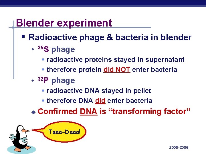 Blender experiment § Radioactive phage & bacteria in blender u 35 S phage §