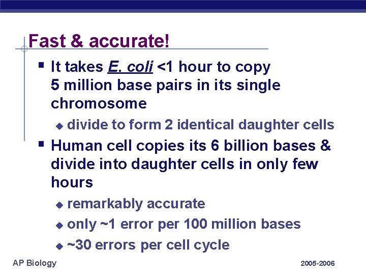Fast & accurate! § It takes E. coli <1 hour to copy 5 million