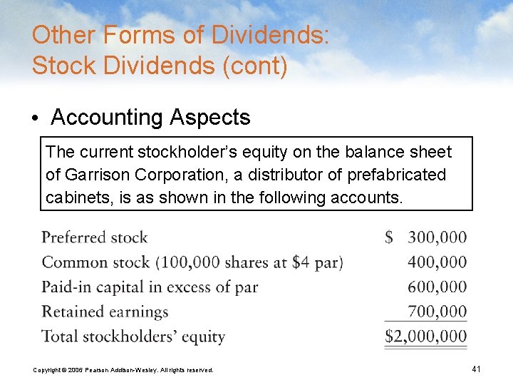 Other Forms of Dividends: Stock Dividends (cont) • Accounting Aspects The current stockholder’s equity