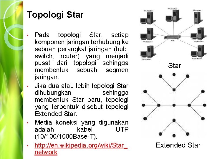 Topologi Star Pada topologi Star, setiap komponen jaringan terhubung ke sebuah perangkat jaringan (hub,