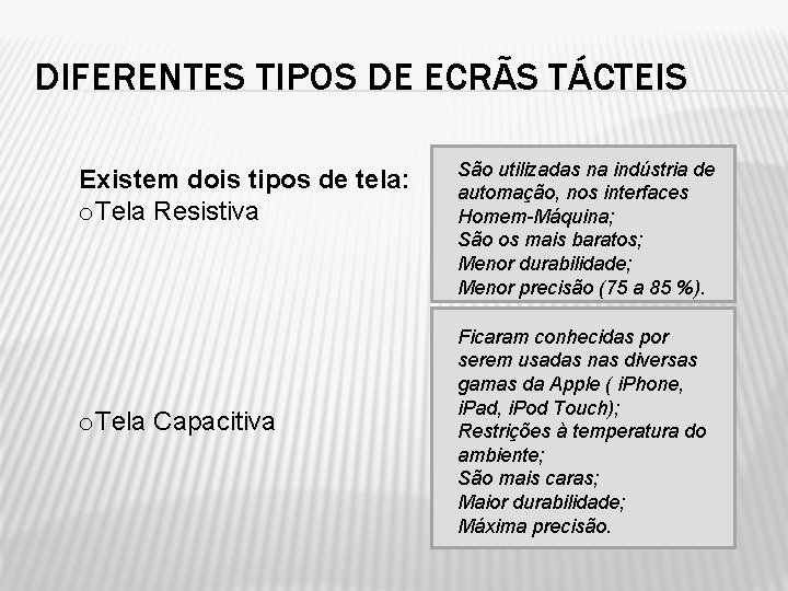 DIFERENTES TIPOS DE ECRÃS TÁCTEIS Existem dois tipos de tela: o. Tela Resistiva o.
