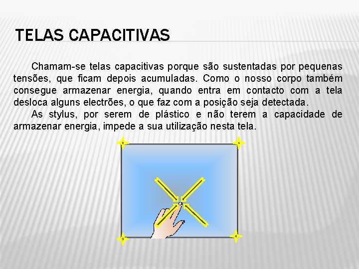 TELAS CAPACITIVAS Chamam-se telas capacitivas porque são sustentadas por pequenas tensões, que ficam depois