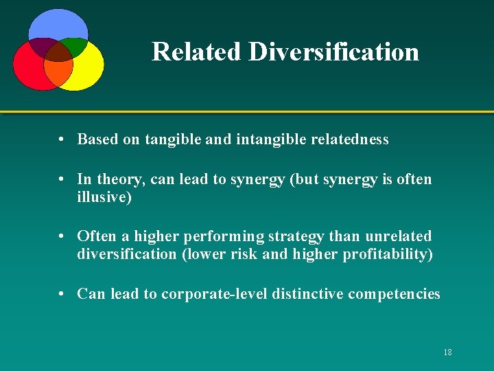 Related Diversification • Based on tangible and intangible relatedness • In theory, can lead