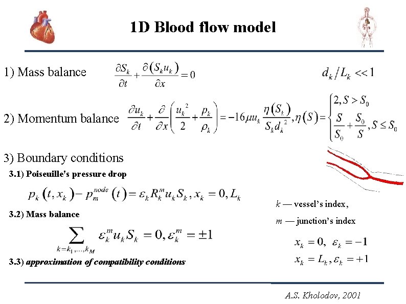 1 D Blood flow model 1) Mass balance 2) Momentum balance 3) Boundary conditions