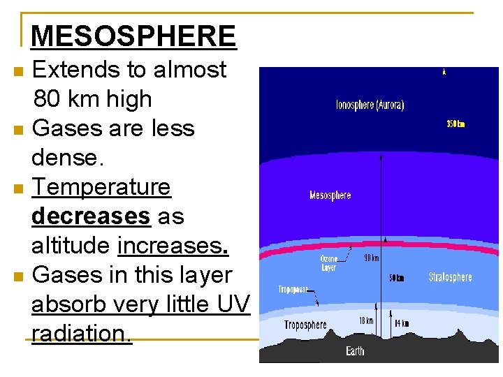 MESOSPHERE Extends to almost 80 km high n Gases are less dense. n Temperature