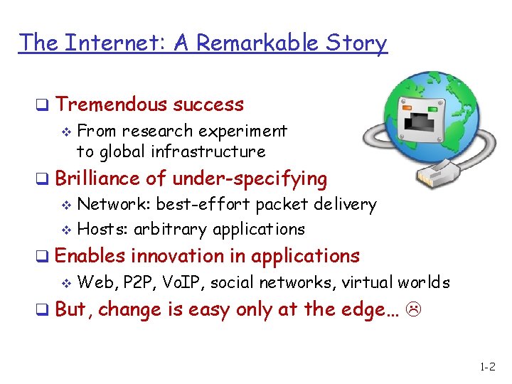 The Internet: A Remarkable Story q Tremendous success v From research experiment to global