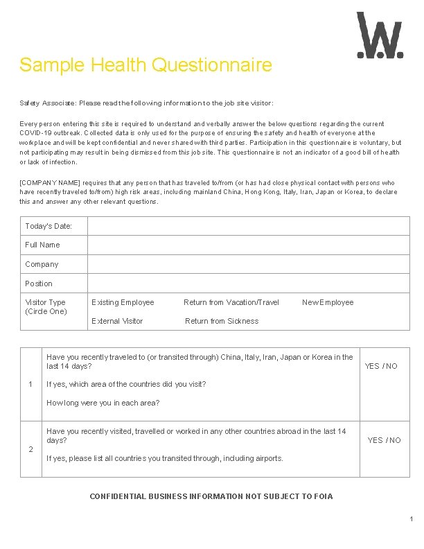 Sample Health Questionnaire Safety Associate: Please read the following information to the job site