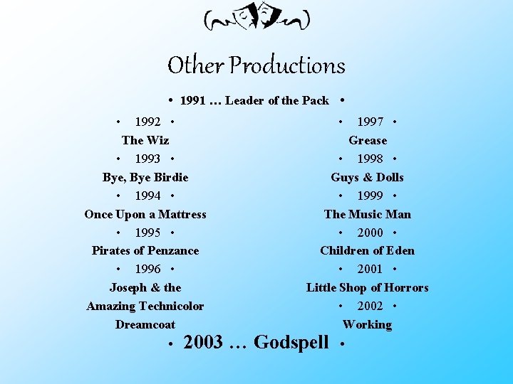 Other Productions • 1991 … Leader of the Pack • • 1992 • The