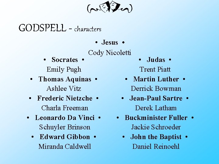 GODSPELL - characters • Jesus • Cody Nicoletti • Socrates • Emily Pugh •