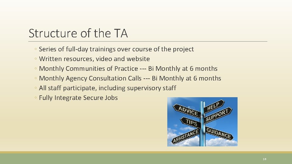 Structure of the TA ◦ Series of full-day trainings over course of the project
