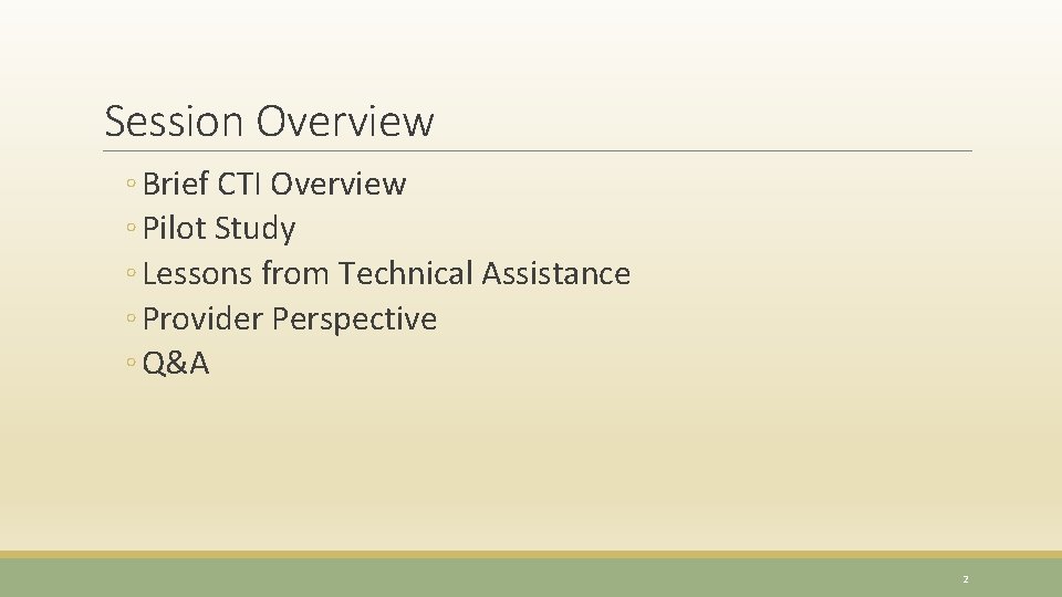 Session Overview ◦ Brief CTI Overview ◦ Pilot Study ◦ Lessons from Technical Assistance