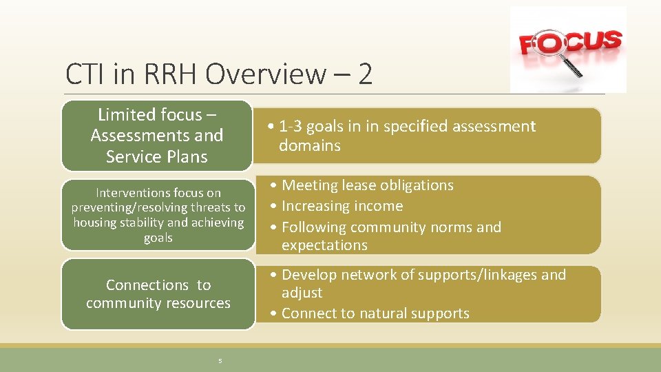 CTI in RRH Overview – 2 Limited focus – Assessments and Service Plans Interventions