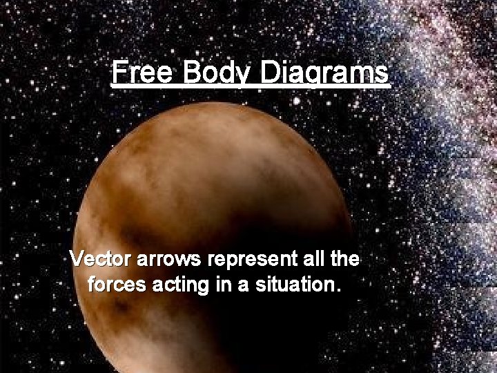 Free Body Diagrams Vector arrows represent all the forces acting in a situation. 