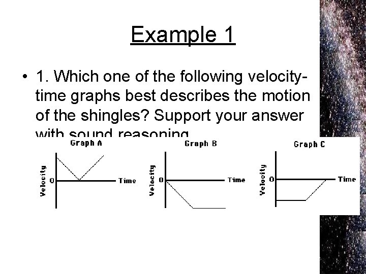 Example 1 • 1. Which one of the following velocitytime graphs best describes the