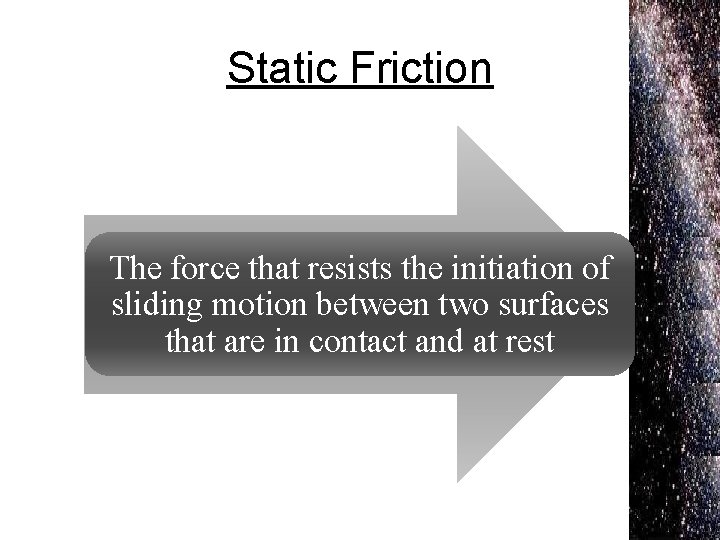 Static Friction The force that resists the initiation of sliding motion between two surfaces