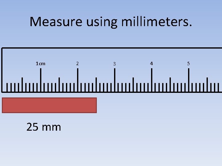 Measure using millimeters. 1 cm 25 mm 2 3 4 5 