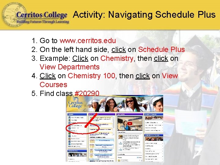 Activity: Navigating Schedule Plus 1. Go to www. cerritos. edu 2. On the left