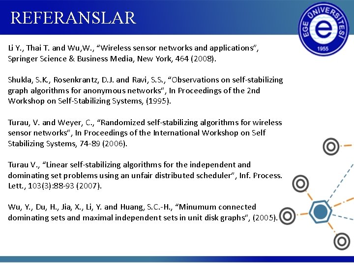 REFERANSLAR Li Y. , Thai T. and Wu, W. , “Wireless sensor networks and