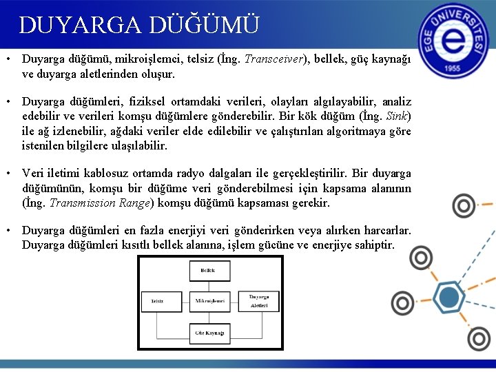 DUYARGA DÜĞÜMÜ • Duyarga düğümü, mikroişlemci, telsiz (İng. Transceiver), bellek, güç kaynağı ve duyarga