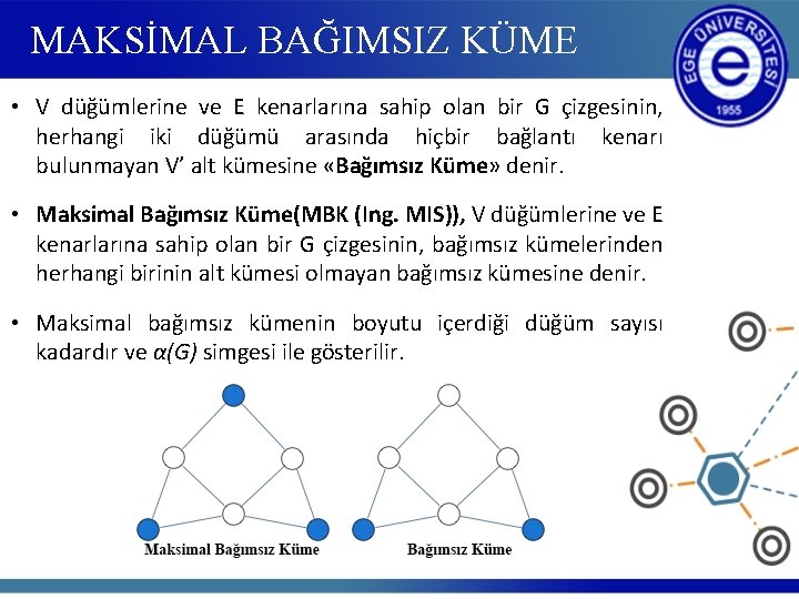 MAKSİMAL BAĞIMSIZ KÜME • V düğümlerine ve E kenarlarına sahip olan bir G çizgesinin,