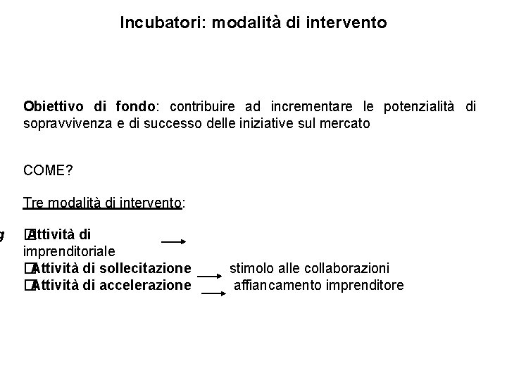 g Incubatori: modalità di intervento Obiettivo di fondo: contribuire ad incrementare le potenzialità di