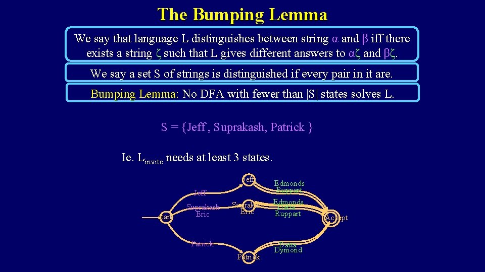 The Bumping Lemma We say that language L distinguishes between string α and β