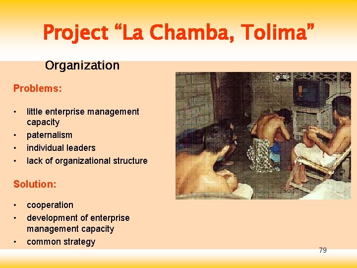 Project “La Chamba, Tolima” Organization Problems: • • little enterprise management capacity paternalism individual