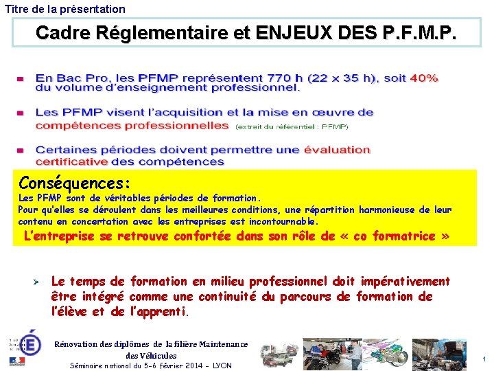 Titre de la présentation Cadre Réglementaire et ENJEUX DES P. F. M. P. Conséquences: