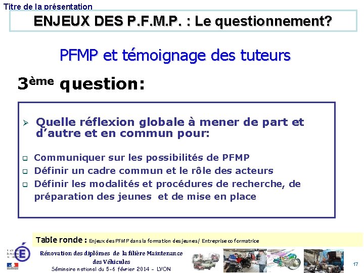 Titre de la présentation ENJEUX DES P. F. M. P. : Le questionnement? PFMP