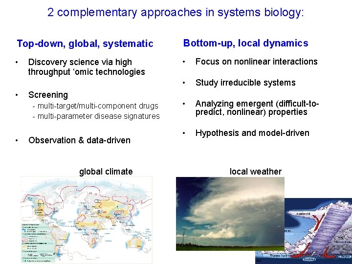 2 complementary approaches in systems biology: Top-down, global, systematic Bottom-up, local dynamics • •