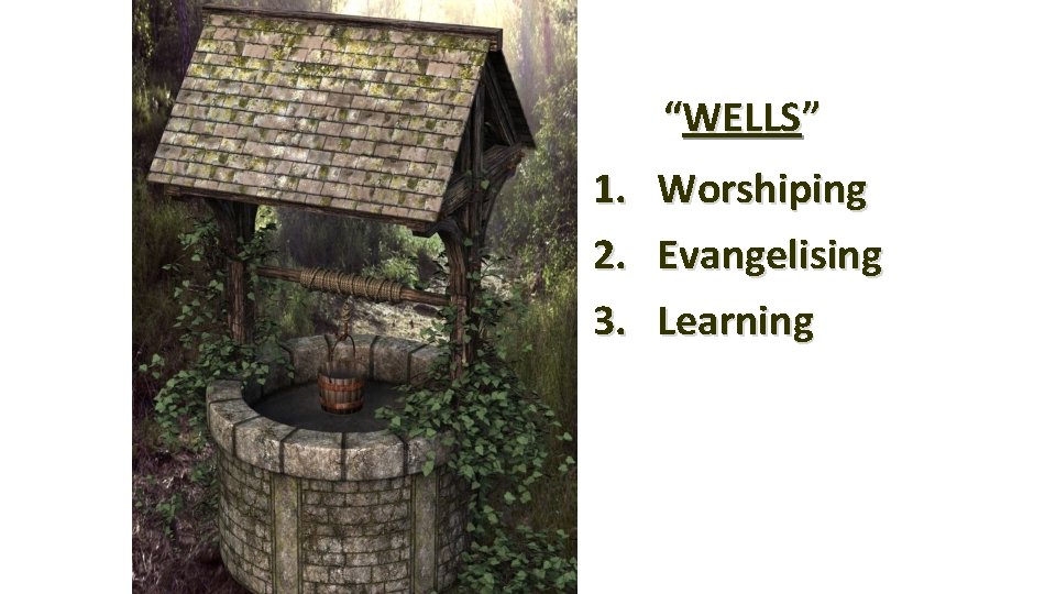 “WELLS” 1. 2. 3. Worshiping Evangelising Learning 