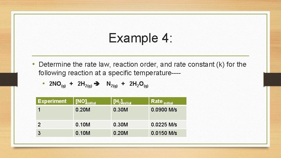 Example 4: • Determine the rate law, reaction order, and rate constant (k) for