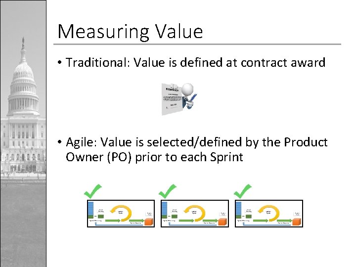 Measuring Value • Traditional: Value is defined at contract award • Agile: Value is