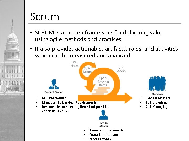 Scrum • SCRUM is a proven framework for delivering value using agile methods and