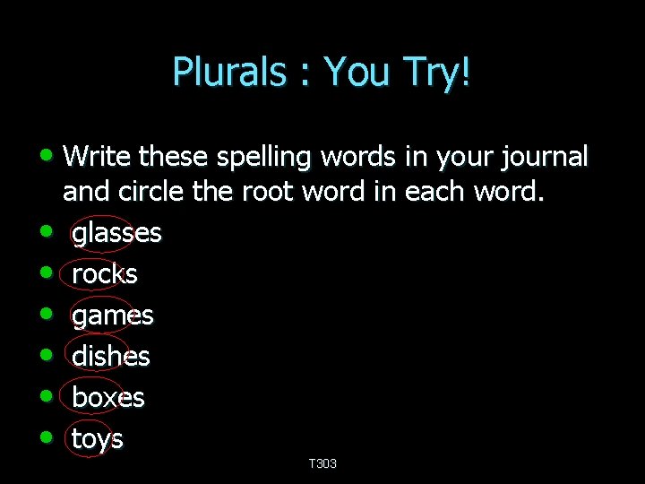 Plurals : You Try! • Write these spelling words in your journal and circle
