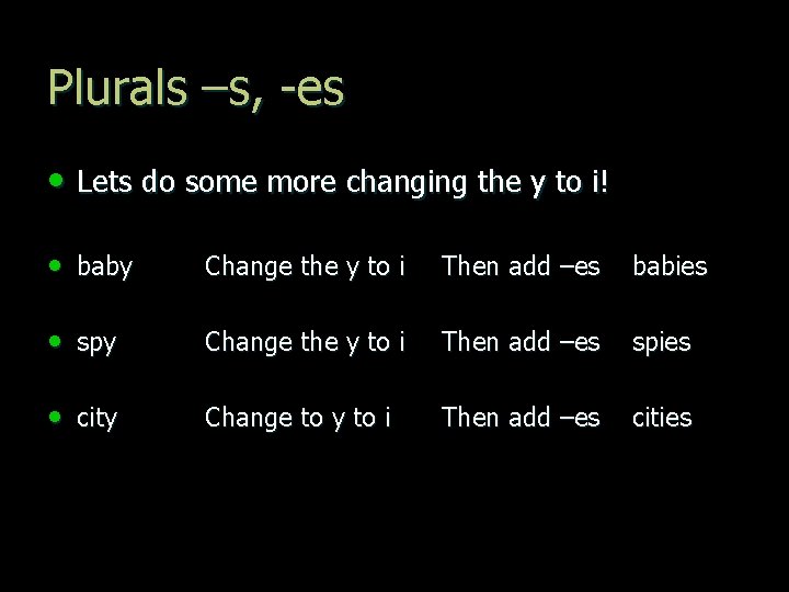 Plurals –s, -es • Lets do some more changing the y to i! •