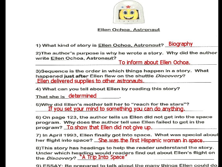 Biography To inform about Ellen Ochoa. Ellen delivered supplies to other astronauts. determined If