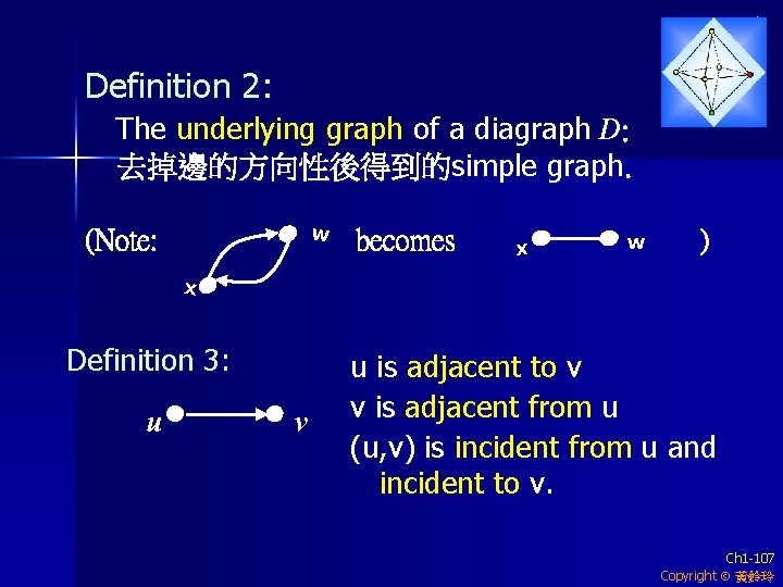 Definition 2: The underlying graph of a diagraph D: 去掉邊的方向性後得到的simple graph. w (Note: becomes