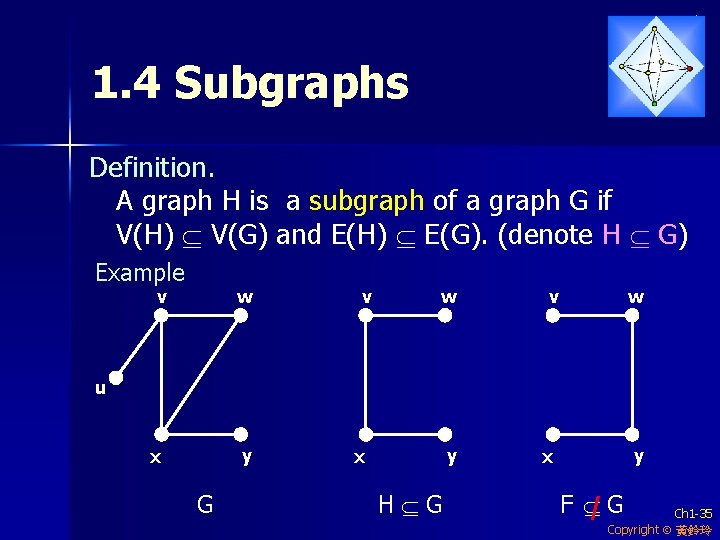 1. 4 Subgraphs Definition. A graph H is a subgraph of a graph G