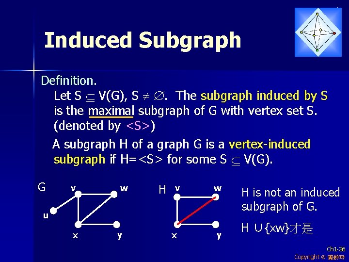 Induced Subgraph Definition. Let S V(G), S . The subgraph induced by S is