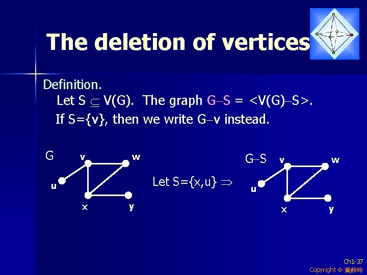 The deletion of vertices Definition. Let S V(G). The graph G-S = <V(G)-S>. If