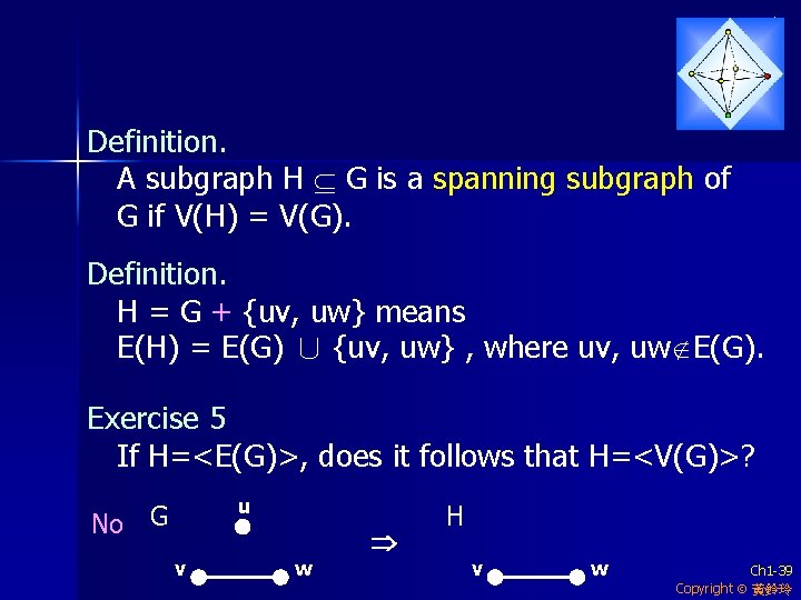 Definition. A subgraph H G is a spanning subgraph of G if V(H) =