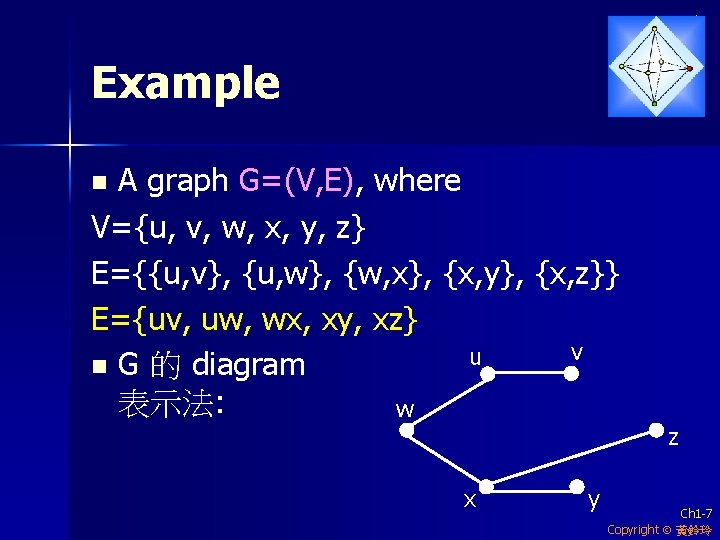 Example A graph G=(V, E), where V={u, v, w, x, y, z} E={{u, v},