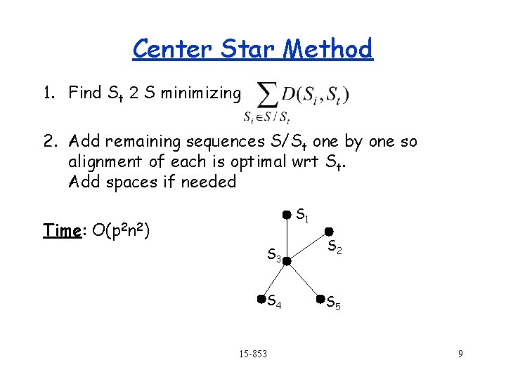 Center Star Method 1. Find St 2 S minimizing 2. Add remaining sequences S/St Center Star Method 1. Find St 2 S minimizing 2. Add remaining sequences S/St
