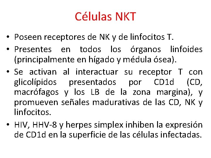 Células NKT • Poseen receptores de NK y de linfocitos T. • Presentes en