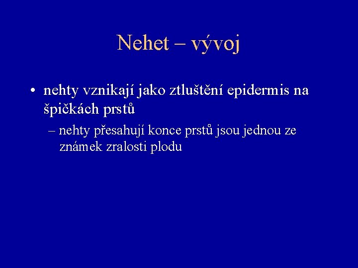 Nehet – vývoj • nehty vznikají jako ztluštění epidermis na špičkách prstů – nehty
