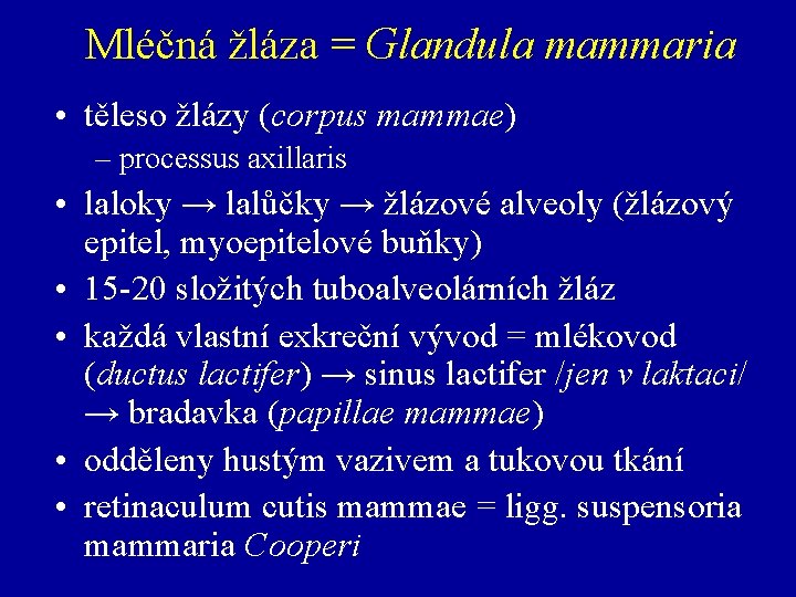 Mléčná žláza = Glandula mammaria • těleso žlázy (corpus mammae) – processus axillaris •