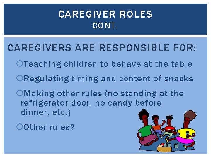 CAREGIVER ROLES CONT. CAREGIVERS ARE RESPONSIBLE FOR: Teaching children to behave at the table